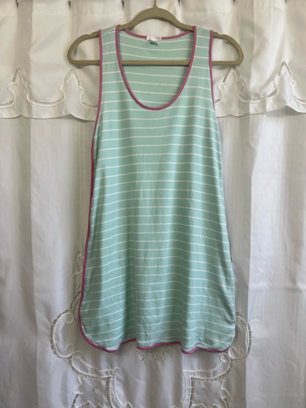 LAKE Pima Cotton Tank Gown Nightgown Stripe Pink Trim Size Small